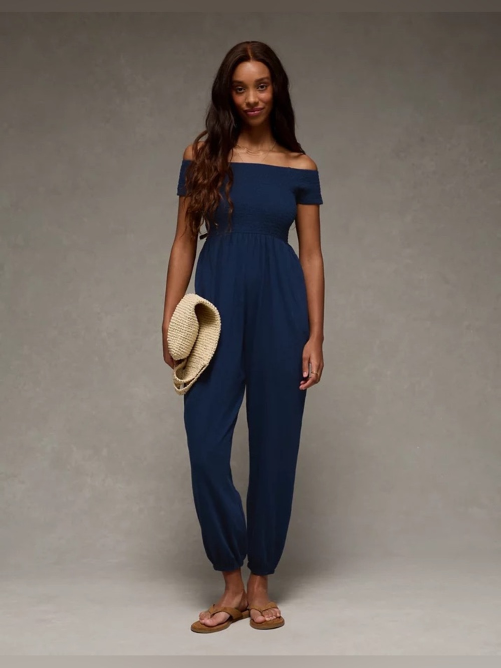 AMERICAN EAGLE 2025 Sunchaser Off The Shoulder Jumpsuit Romper Smocked Cotton